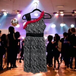 Rare Editions Girls Zebra Dress Sz 16 One-Shoulder Pink Rosettes Party HOCO Prom
